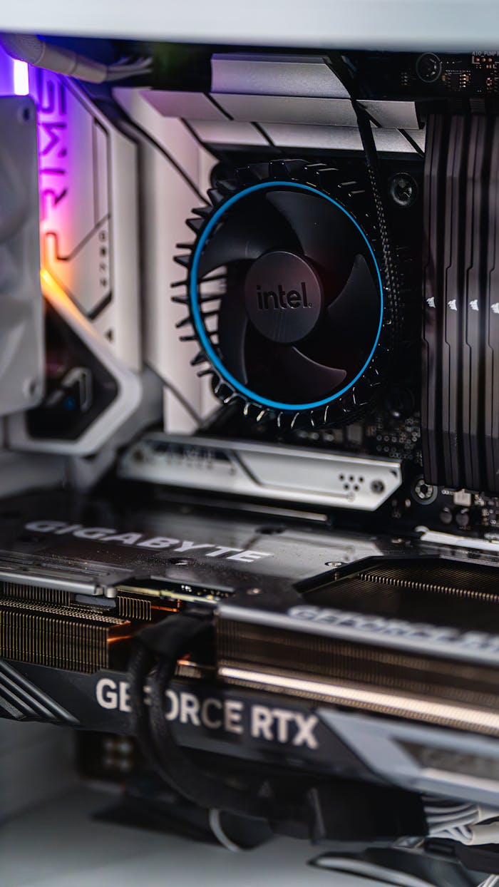 Home Close-up of a gaming PC showcasing GeForce RTX graphics card and Intel CPU fan.